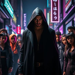 A dynamic and intriguing scene featuring a mysterious male figure named Scimetar, shrouded in an aura of enigma