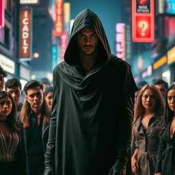 A dynamic and intriguing scene featuring a mysterious male figure named Scimetar, shrouded in an aura of enigma