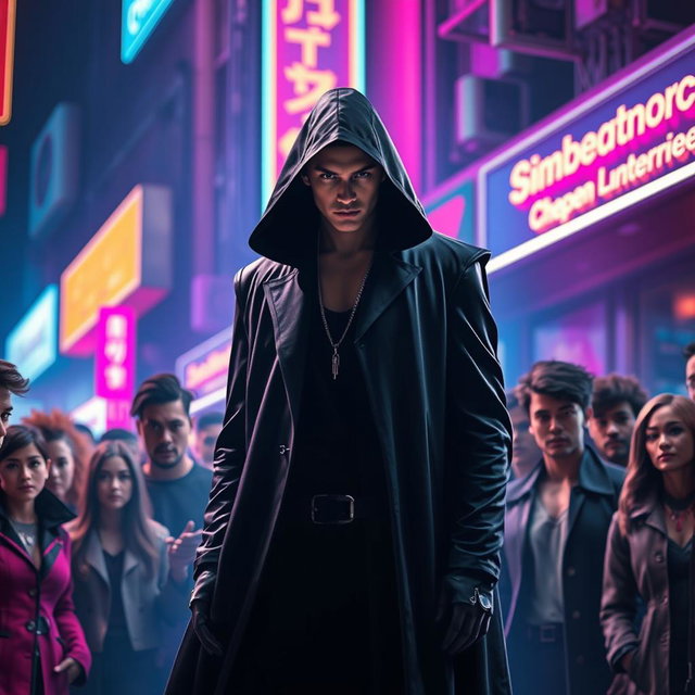 A dynamic and intriguing scene featuring a mysterious male figure named Scimetar, shrouded in an aura of enigma