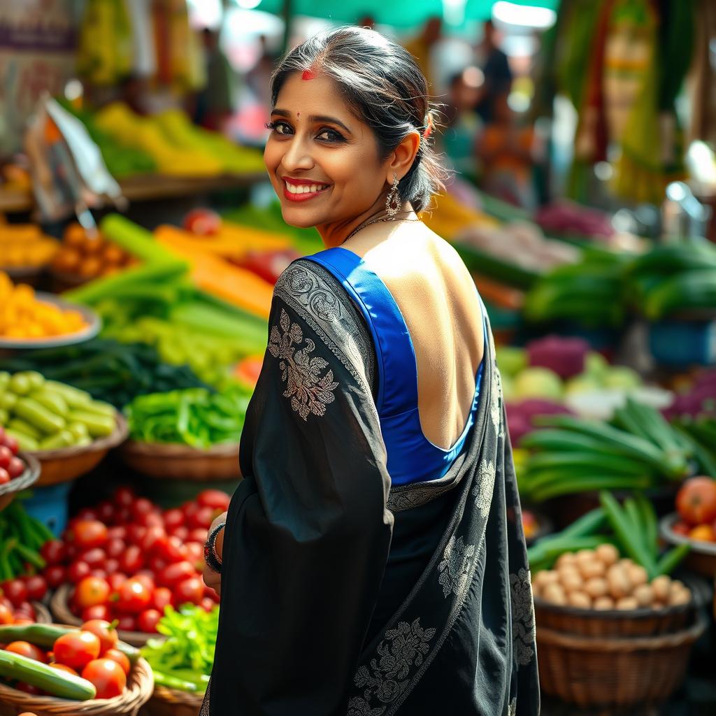 A middle-aged Indian woman wearing a stunning black saree with intricate silver embroidery, featuring a blue backless blouse that highlights her elegant silhouette