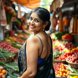 A middle-aged Indian woman wearing a stunning black saree with intricate silver embroidery, featuring a blue backless blouse that highlights her elegant silhouette