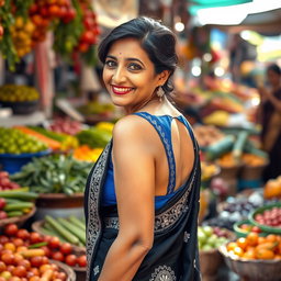 A middle-aged Indian woman wearing a stunning black saree with intricate silver embroidery, featuring a blue backless blouse that highlights her elegant silhouette