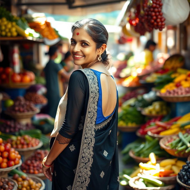 A middle-aged Indian woman wearing a stunning black saree with intricate silver embroidery, featuring a blue backless blouse that highlights her elegant silhouette