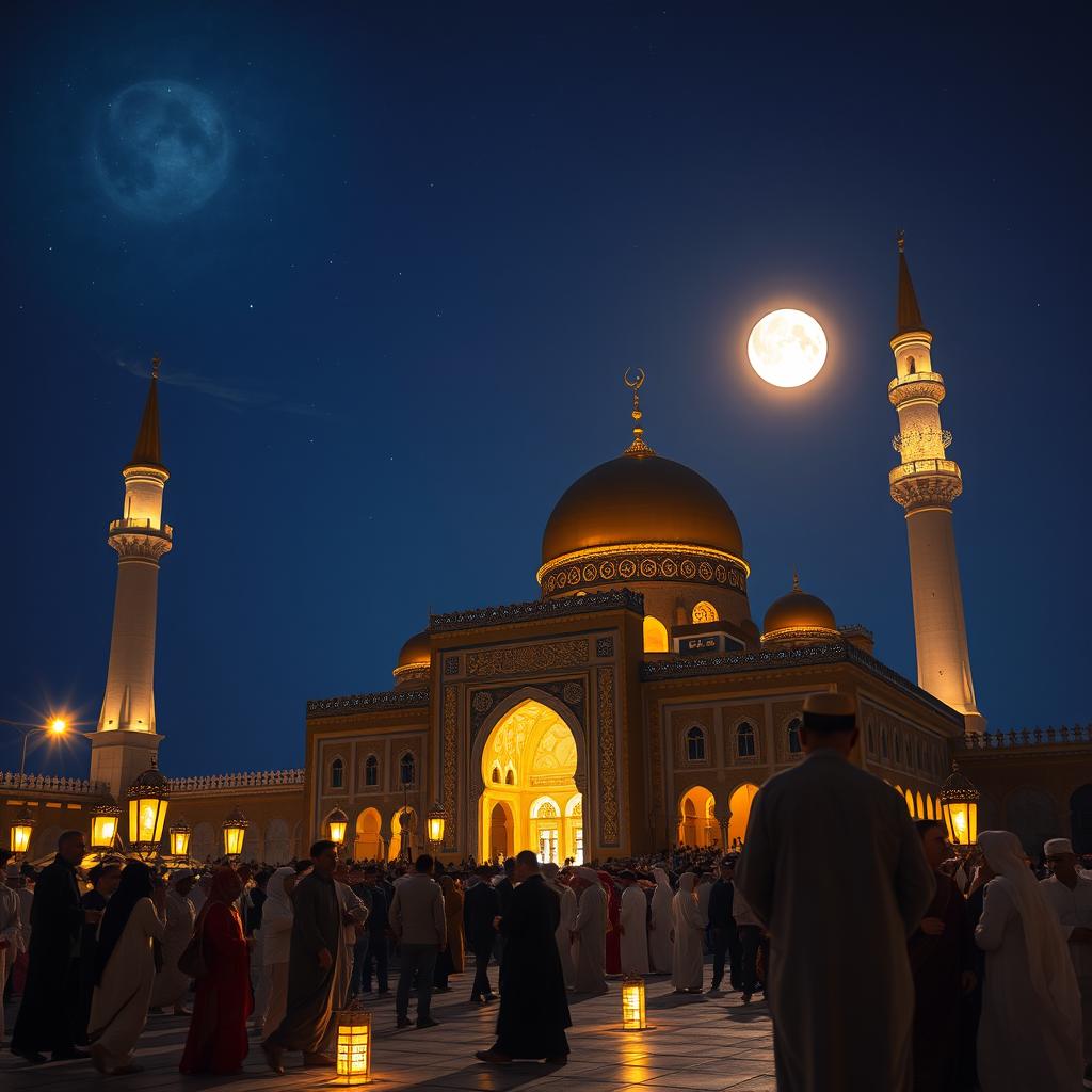 A stunning night scene of the shrine of Imam Hussein in Karbala, Iraq, illuminated by a bright full moon