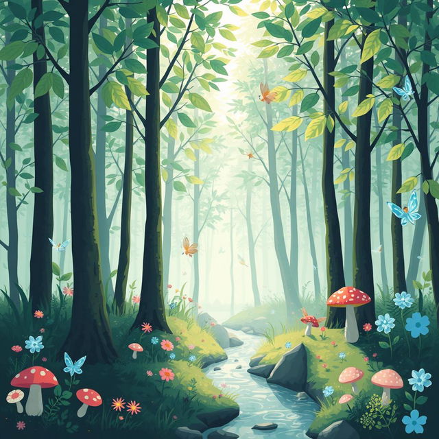 A simplistic magical forest scene featuring tall, slender trees with vibrant green leaves, gentle sunlight filtering through the branches, and an enchanting atmosphere