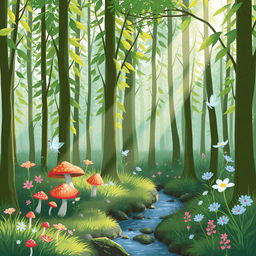A simplistic magical forest scene featuring tall, slender trees with vibrant green leaves, gentle sunlight filtering through the branches, and an enchanting atmosphere