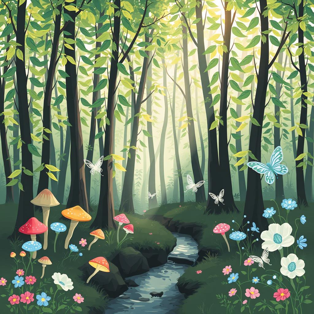 A simplistic magical forest scene featuring tall, slender trees with vibrant green leaves, gentle sunlight filtering through the branches, and an enchanting atmosphere