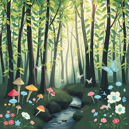 A simplistic magical forest scene featuring tall, slender trees with vibrant green leaves, gentle sunlight filtering through the branches, and an enchanting atmosphere