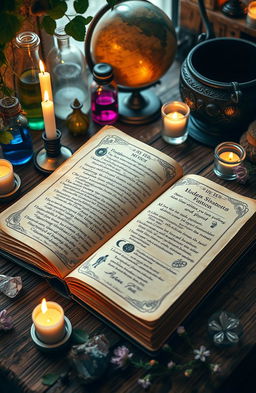 A mystical witch spellbook lying open on a wooden table surrounded by candles and crystals