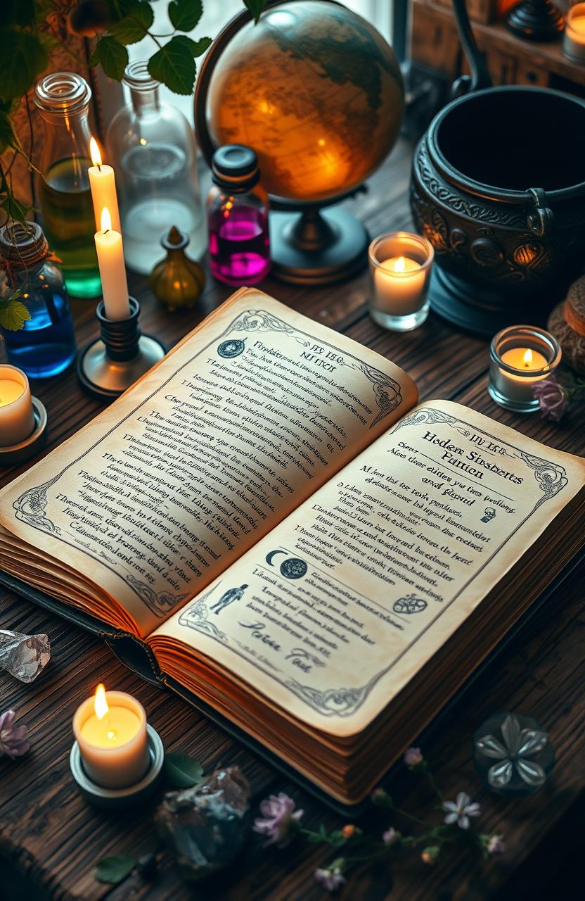 A mystical witch spellbook lying open on a wooden table surrounded by candles and crystals