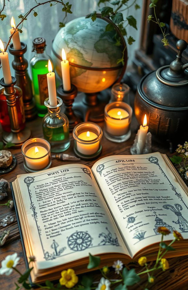 A mystical witch spellbook lying open on a wooden table surrounded by candles and crystals