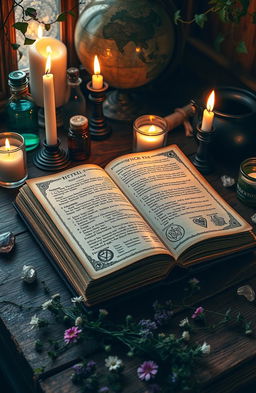 A mystical witch spellbook lying open on a wooden table surrounded by candles and crystals