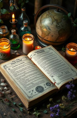 A mystical witch spellbook lying open on a wooden table surrounded by candles and crystals