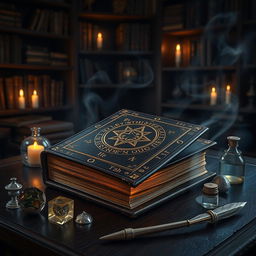 A stunning fantasy spellbook cover, featuring an ancient, intricately designed leather-bound book with glowing runes along the edges