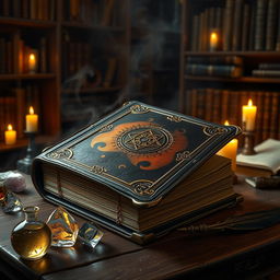 A stunning fantasy spellbook cover, featuring an ancient, intricately designed leather-bound book with glowing runes along the edges