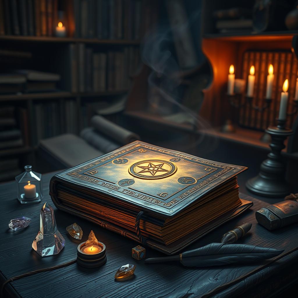 A stunning fantasy spellbook cover, featuring an ancient, intricately designed leather-bound book with glowing runes along the edges