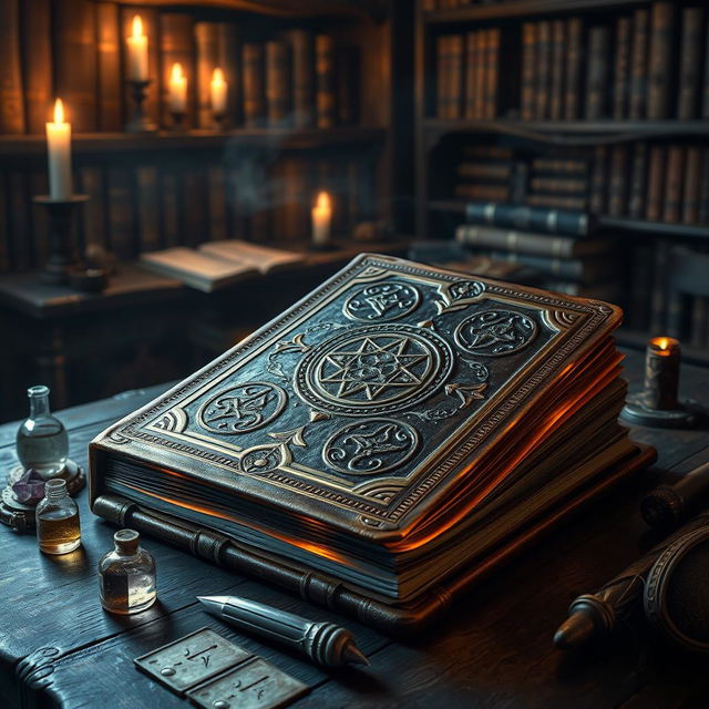A stunning fantasy spellbook cover, featuring an ancient, intricately designed leather-bound book with glowing runes along the edges