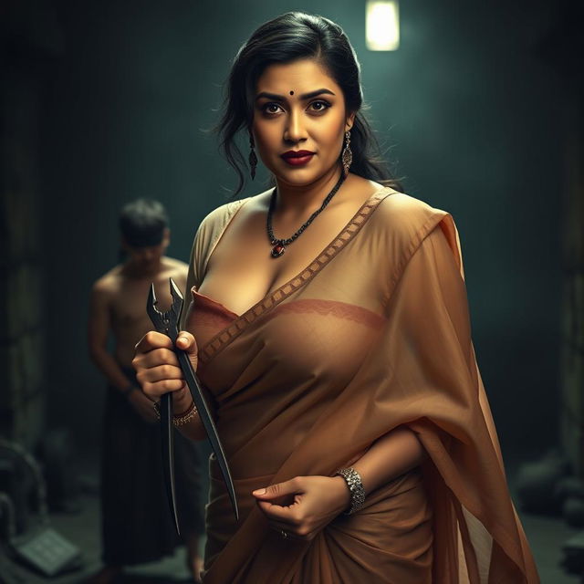 A sexy, hot, busty, beautiful MILF auntie, bent forward in a low-cut blouse beneath a flowing saree, showcasing her voluptuous figure