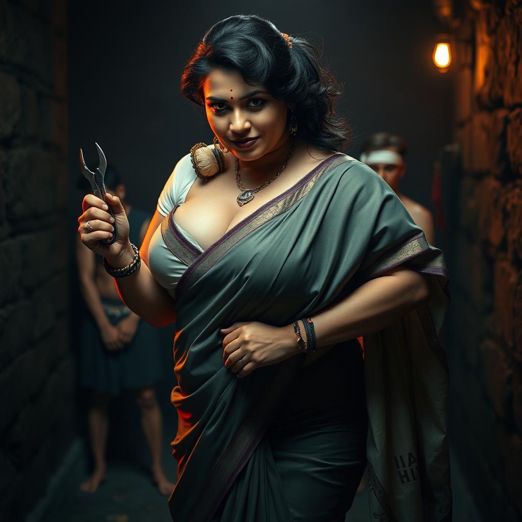 A sexy, hot, busty, beautiful MILF auntie, bent forward in a low-cut blouse beneath a flowing saree, showcasing her voluptuous figure