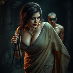 A sexy, hot, busty, beautiful MILF auntie, bent forward in a low-cut blouse beneath a flowing saree, showcasing her voluptuous figure