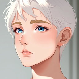 A portrait of a delicate twink boy with platinum blonde hair, perfectly matching eyebrows and lashes
