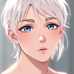 A portrait of a delicate twink boy with platinum blonde hair, perfectly matching eyebrows and lashes