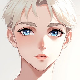 A portrait of a delicate twink boy with platinum blonde hair, perfectly matching eyebrows and lashes