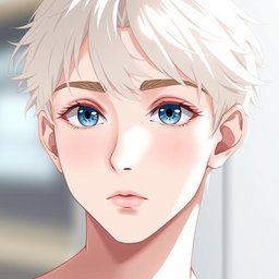 A portrait of a delicate twink boy with platinum blonde hair, perfectly matching eyebrows and lashes