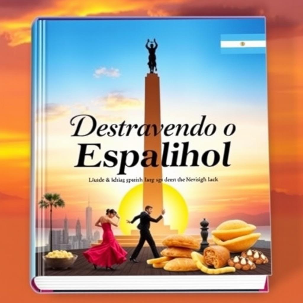 A captivating book cover for the title 'Destravando o Espanhol', themed around learning Spanish in Argentina