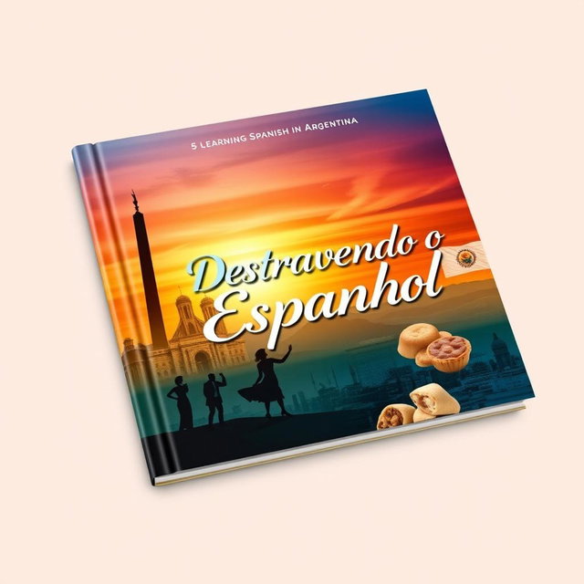 A captivating book cover for the title 'Destravando o Espanhol', themed around learning Spanish in Argentina