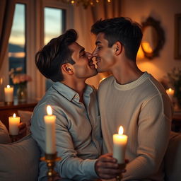 A romantic scene depicting a loving couple, sharing an intimate moment