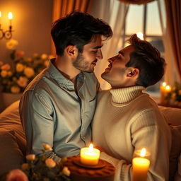 A romantic scene depicting a loving couple, sharing an intimate moment