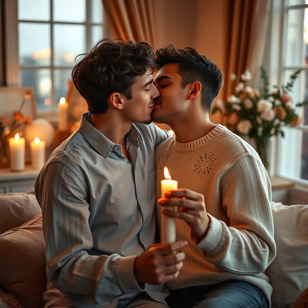 A romantic scene depicting a loving couple, sharing an intimate moment