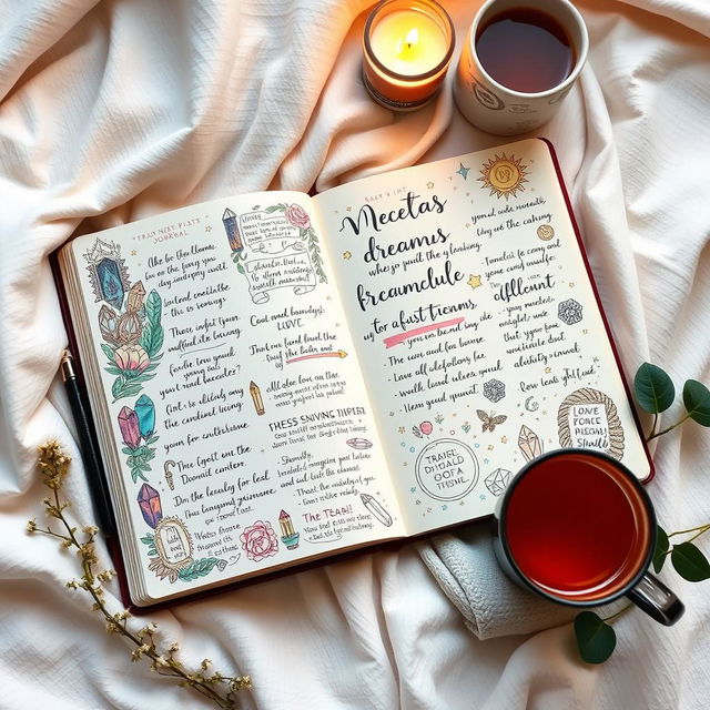 A visually inspiring manifestation journal spread, featuring beautifully decorated pages filled with vibrant colors, motivational quotes, and intricate doodles