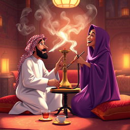 An animated image depicting two people enjoying a traditional Arabic hookah (shisha) experience