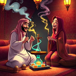 An animated image depicting two people enjoying a traditional Arabic hookah (shisha) experience