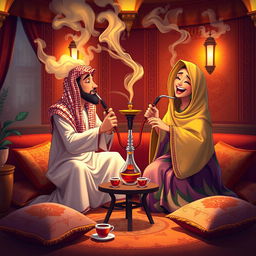 An animated image depicting two people enjoying a traditional Arabic hookah (shisha) experience