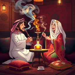 An animated image depicting two people enjoying a traditional Arabic hookah (shisha) experience