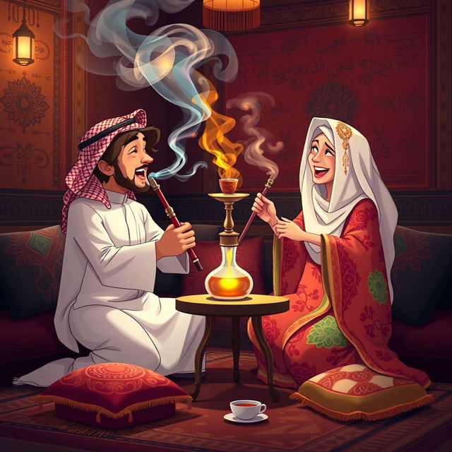 An animated image depicting two people enjoying a traditional Arabic hookah (shisha) experience