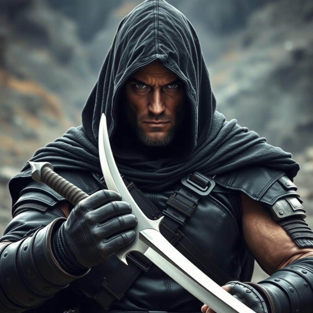 A battle-hardened warrior cloaked in a dark black hood, with keen, piercing eyes that reflect experience and determination