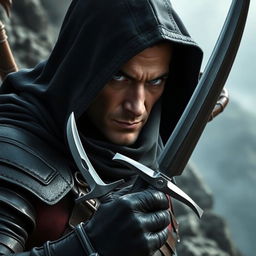 A battle-hardened warrior cloaked in a dark black hood, with keen, piercing eyes that reflect experience and determination