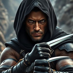 A battle-hardened warrior cloaked in a dark black hood, with keen, piercing eyes that reflect experience and determination