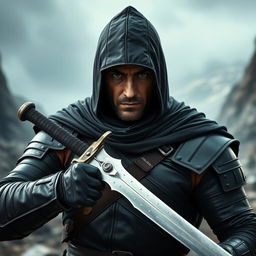 A battle-hardened warrior cloaked in a dark black hood, with keen, piercing eyes that reflect experience and determination