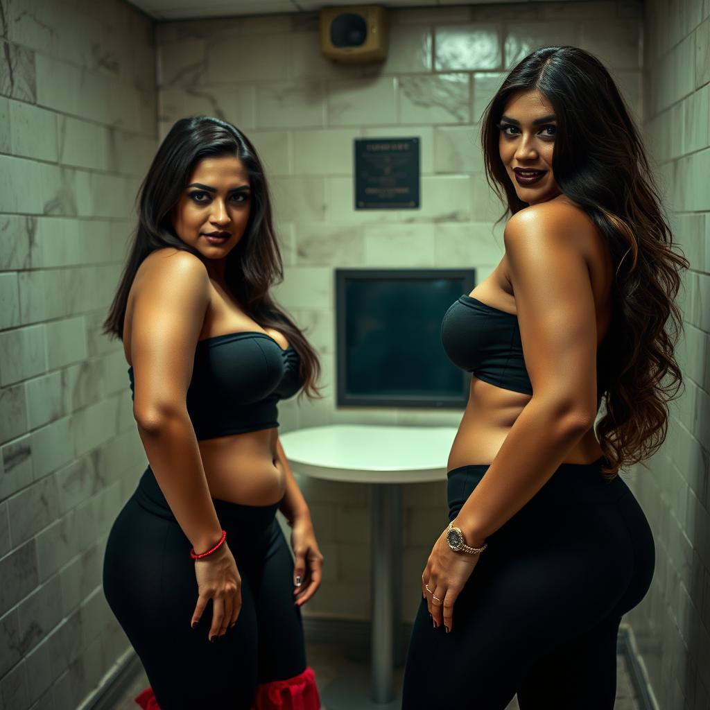 An interrogation room featuring two attractive, voluptuous women with heavy makeup, wearing dark lipstick