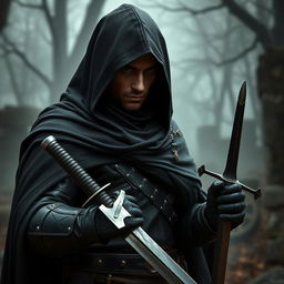 A mysterious warrior cloaked in a battle-hardened black cloak, with a hood that obscures part of their face, revealing only keen, piercing eyes