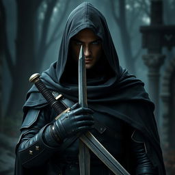 A mysterious warrior cloaked in a battle-hardened black cloak, with a hood that obscures part of their face, revealing only keen, piercing eyes