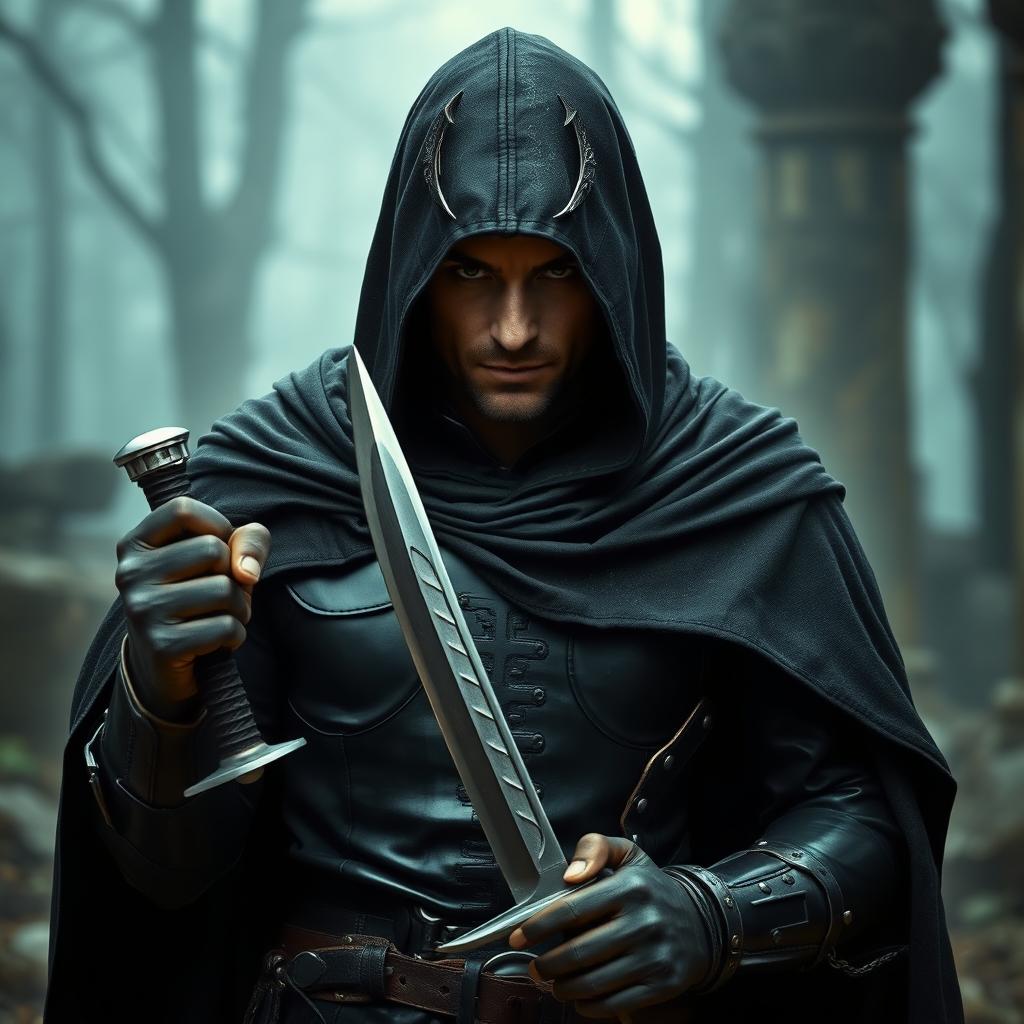 A mysterious warrior cloaked in a battle-hardened black cloak, with a hood that obscures part of their face, revealing only keen, piercing eyes