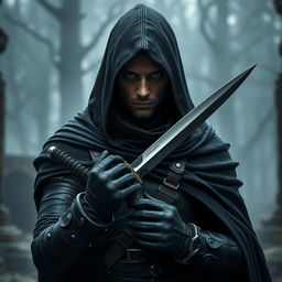 A mysterious warrior cloaked in a battle-hardened black cloak, with a hood that obscures part of their face, revealing only keen, piercing eyes