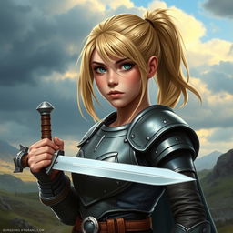 A young human female paladin inspired by Dungeons & Dragons, featuring a ponytail of shoulder-length blond hair that adds to her youthful and determined look
