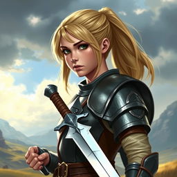 A young human female paladin inspired by Dungeons & Dragons, featuring a ponytail of shoulder-length blond hair that adds to her youthful and determined look